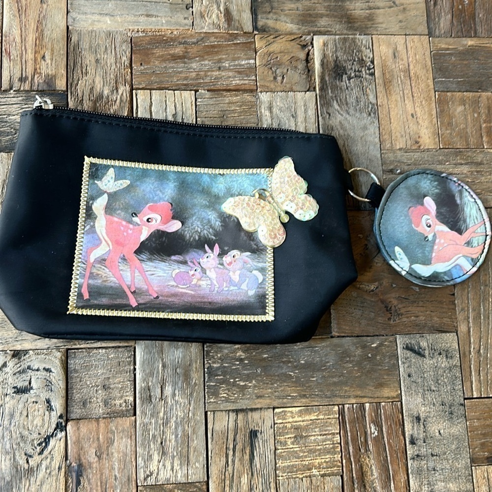 Disney Bambi Black Cosmetic Pouch Bag Matching Mirror
